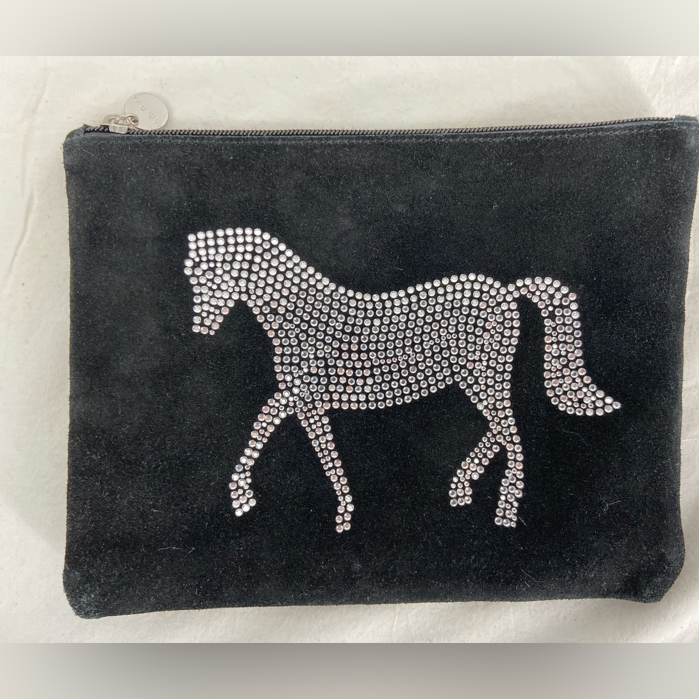 Me.n.u Suede Zipper Bag with Rhinestones in the shape of a horse. 9” x 7”